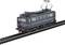 Dark blue electric locomotive on a railway track, with characteristic curved profile and pantographs.