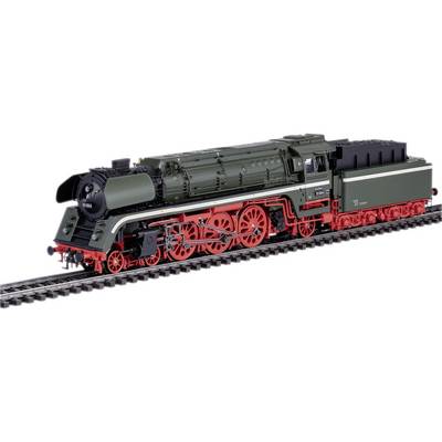 A green steam locomotive with red wheels and black details on a model railway track, viewed from the side.
