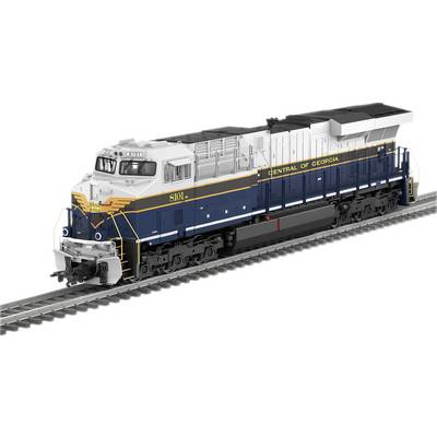 A blue and white train with 'Central of Georgia' written on it, travelling on railway tracks. Side view with prominent yellow details.