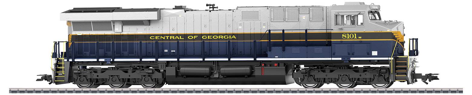 Grey-blue locomotive with the inscription 'Central of Georgia'. Side view on railway tracks.
