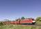 A red freight train travels along a track under a blue sky, with a bridge and green vegetation in the background.
