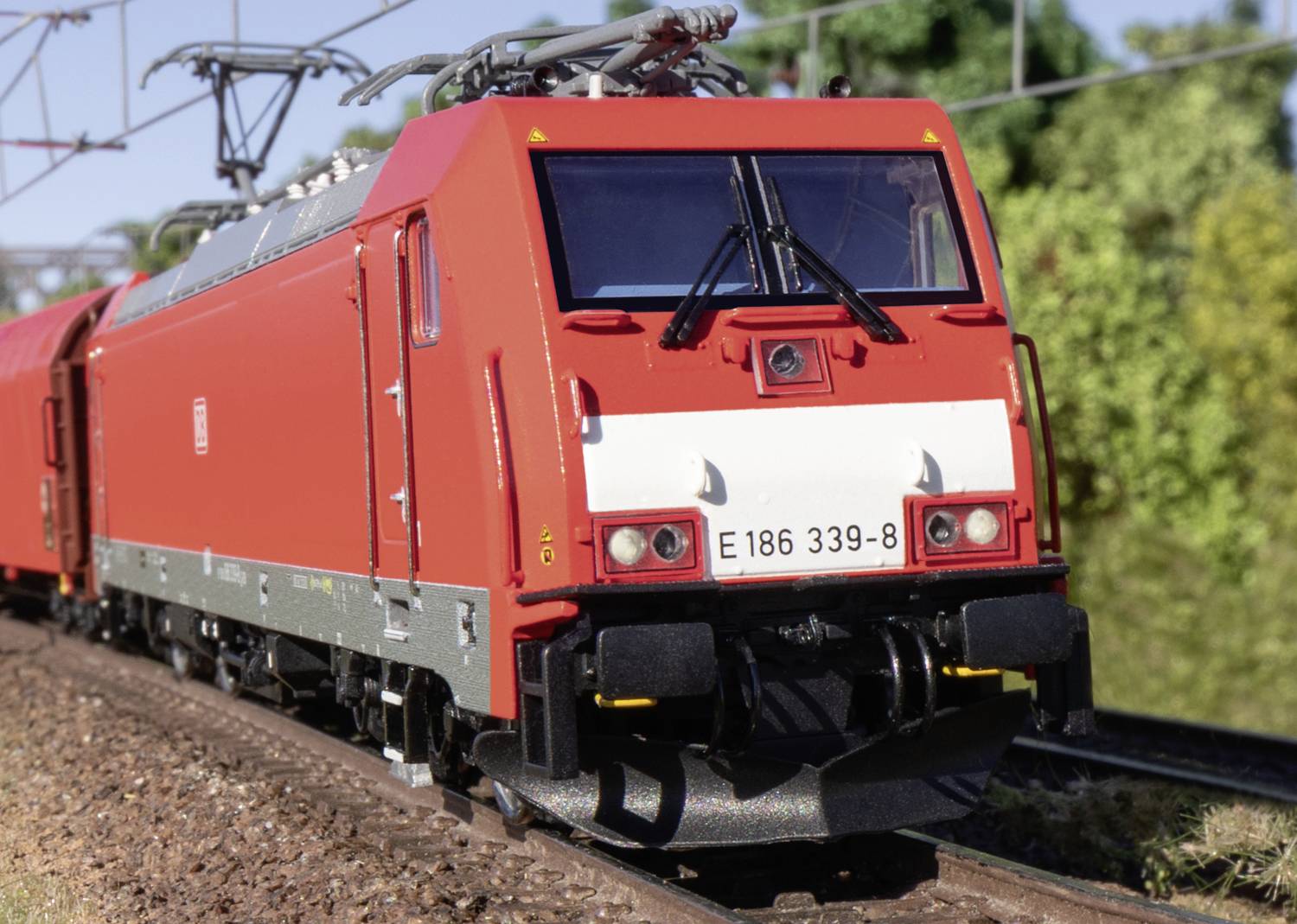 A red freight train with locomotive E 186 339-8 is travelling along a track through a green, wooded landscape.
