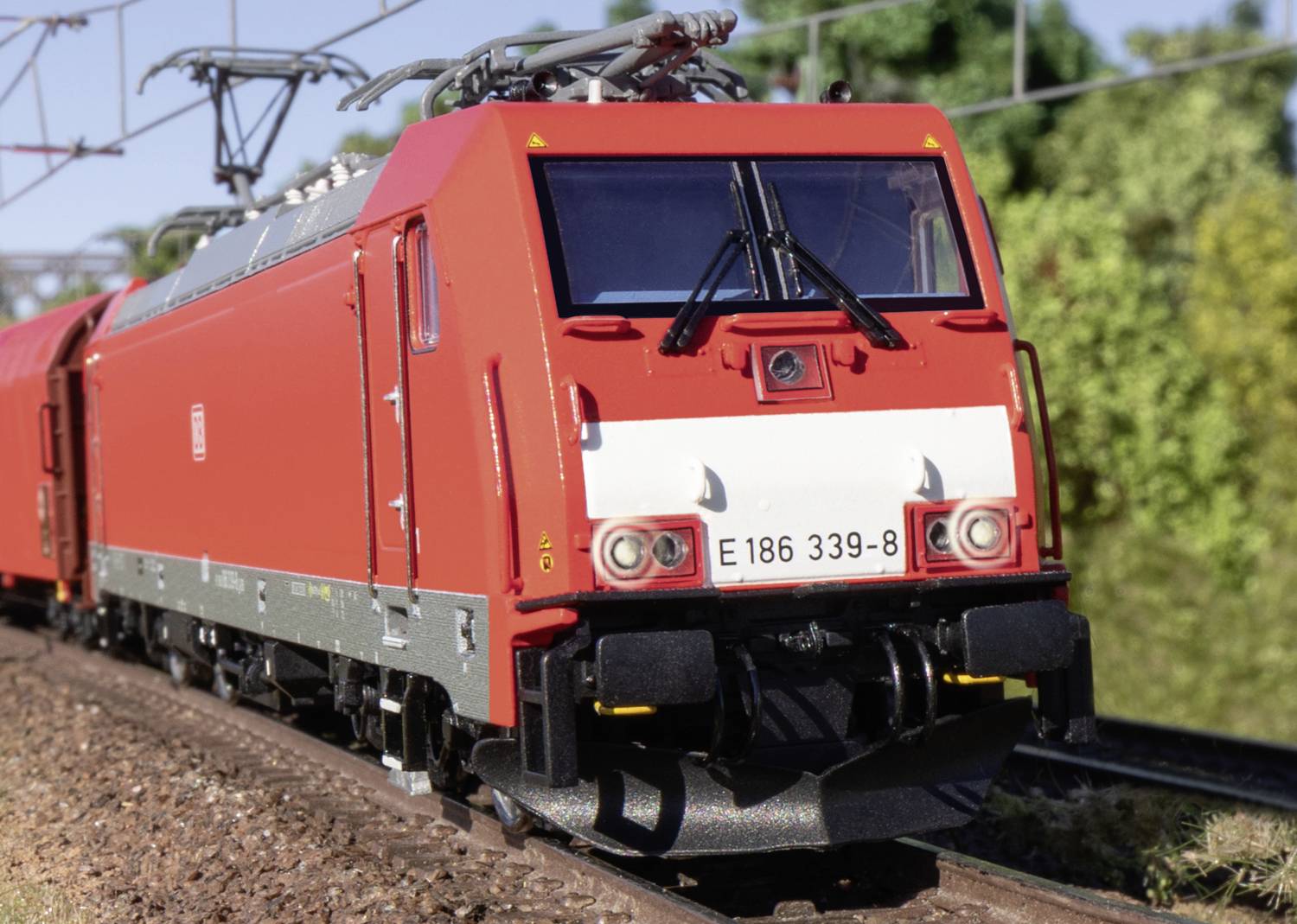 Red goods train travelling on railway track, E 186 339-8 visible. Locomotive with pantographs in green landscape, on a sunny day.