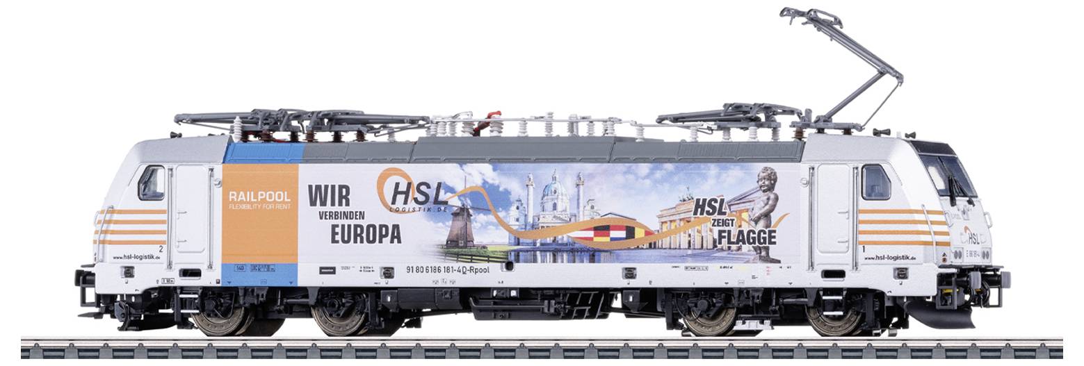 Locomotive with advertising graphic: 'We connect Europe' with HSL and flags of European countries.