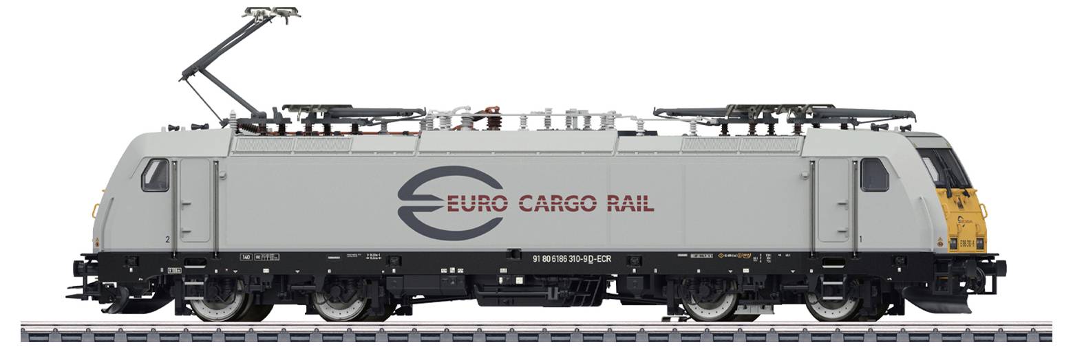 'Electric locomotive with Euro Cargo Rail livery, side view. Grey paintwork, pantograph raised, on a railway track.'