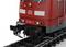 Red locomotive of Deutsche Bahn on railway tracks, front view.