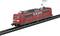 Red model of an electric locomotive on rails, side view. Locomotive bearing the Deutsche Bahn logo.