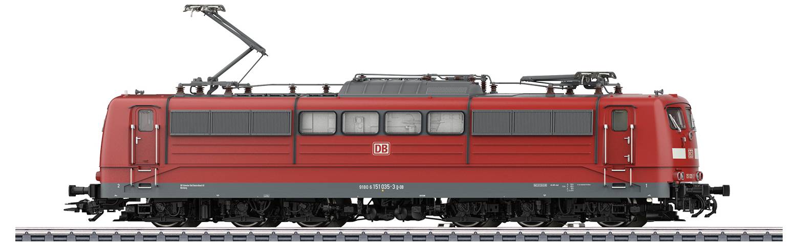 A red locomotive of Deutsche Bahn is standing on the tracks. It is pictured from the side, showcasing its technical details.