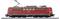 A red locomotive of Deutsche Bahn is standing on the tracks. It is pictured from the side, showcasing its technical details.