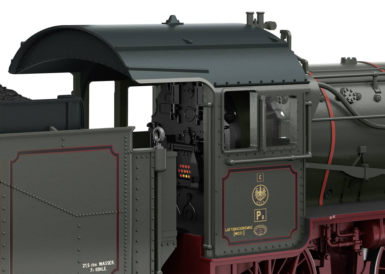 Enclosed steam locomotive, side view of the driver's cab, with detailed markings and control instruments.