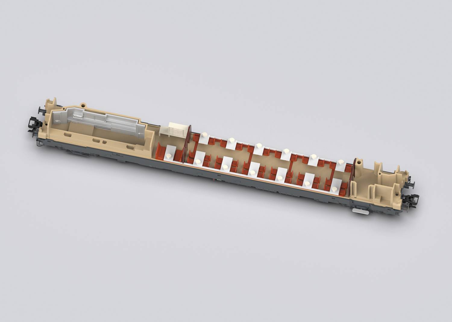 Model of a train carriage with seating areas highlighted in red and a grey component revealing internal structures.
