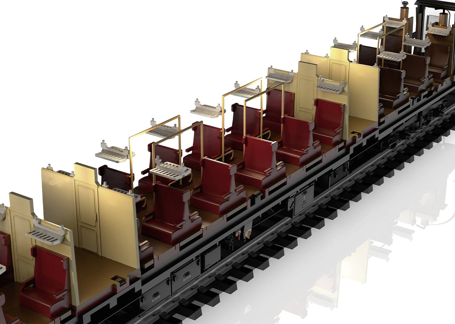 Cross-section of a luxurious railway carriage with red upholstered seats, tables, and lamps, showing interior layout and seating arrangement.