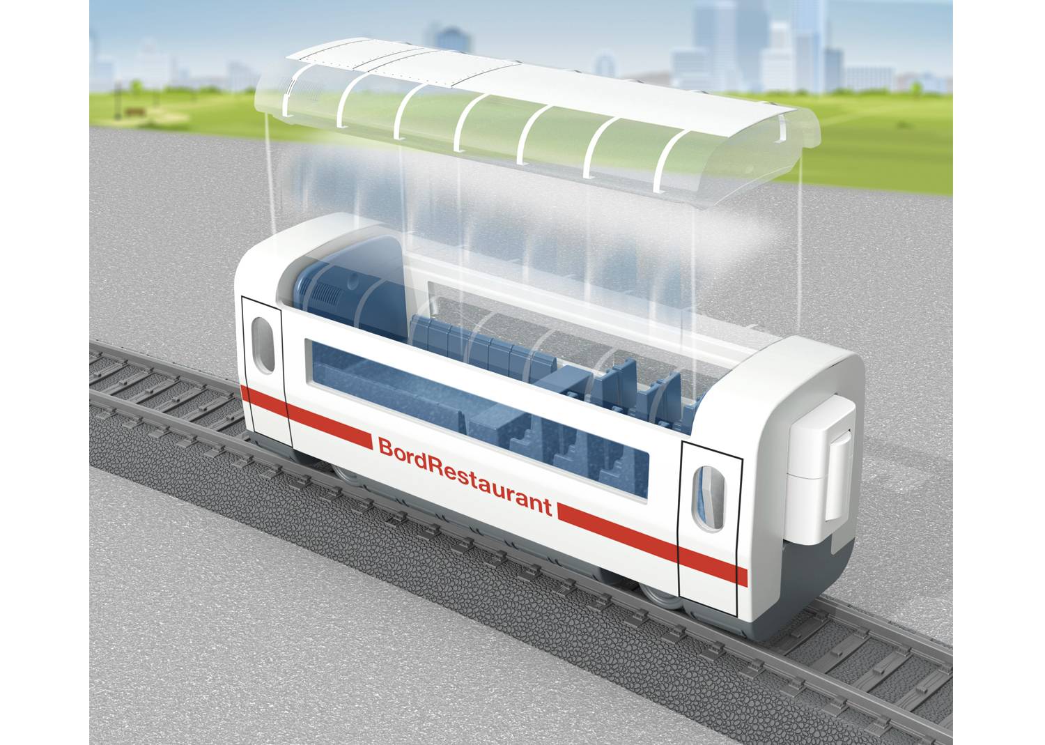 A model of a modern on-board restaurant on rails with a glass roof, red and white signage reading 'On-Board Restaurant', with a blue sky in the background.