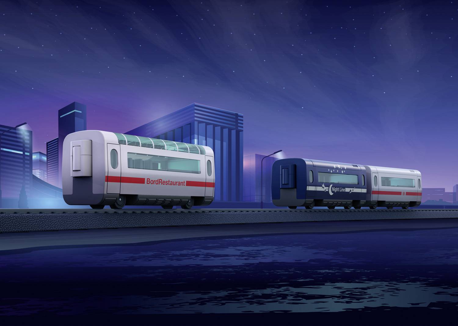 Two modern train carriages travel in front of an urban skyline at night. One is a dining car, both featuring a futuristic design.