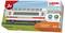'Red model railway passenger carriage model 'Buffet Car' by Märklin my world, recommended for ages 3 and up, with city panorama in the background.'