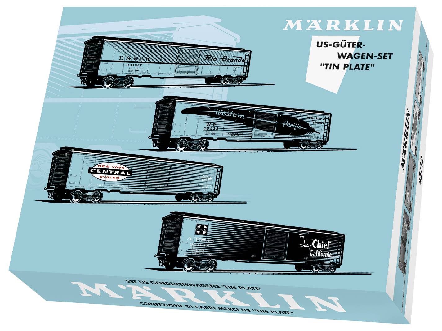 Packaging of a US freight wagon set by Märklin. Displays four models with designs from Rio Grande, Western Pacific, New York Central and Atchison, Topeka & Santa Fe.