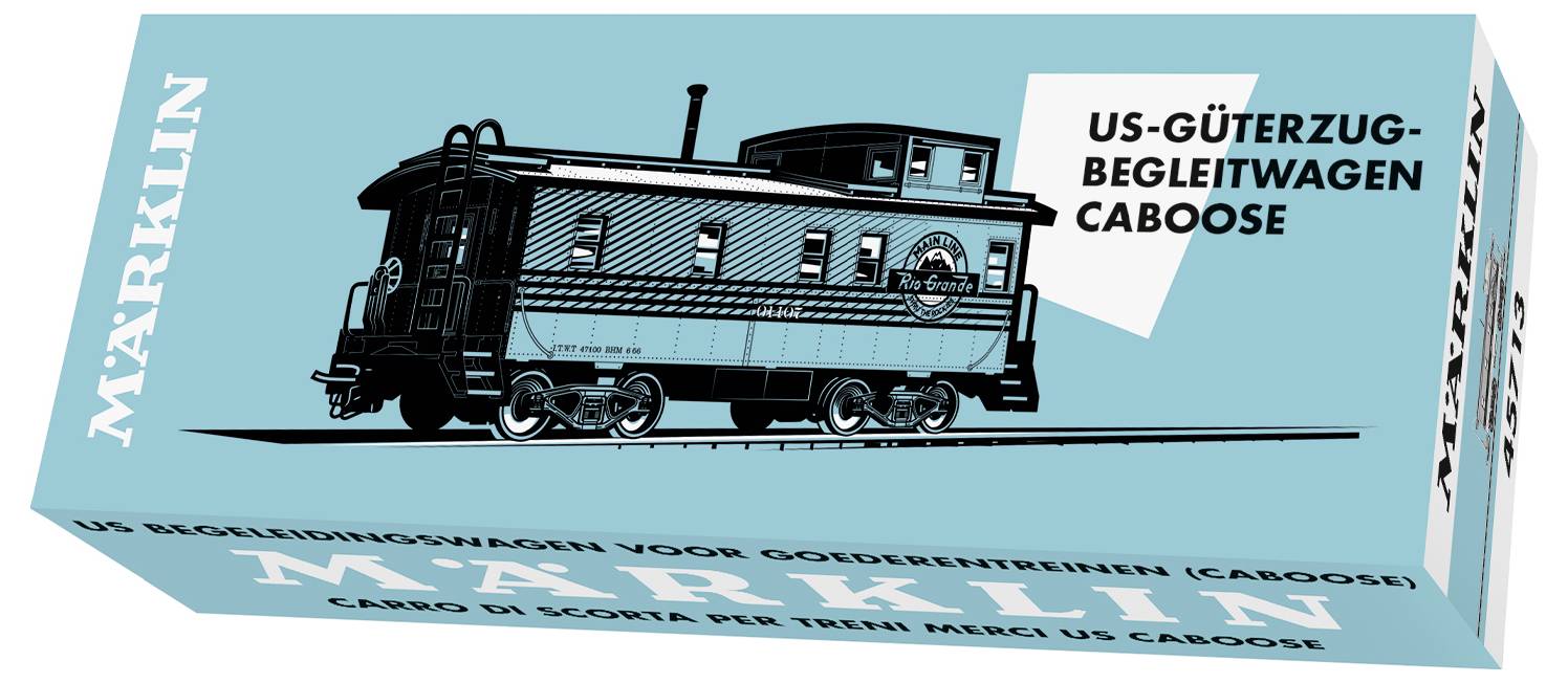 Packaging of a model train by Märklin, showing a US freight train caboose against a blue background.