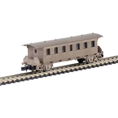 A wooden-coloured model railway carriage with six windows positioned on a track, with no visible labelling or additional details.
