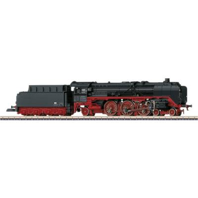 Black steam locomotive with red chassis on track. Side view reveals details such as wheels, boiler, and cab. Model railway.