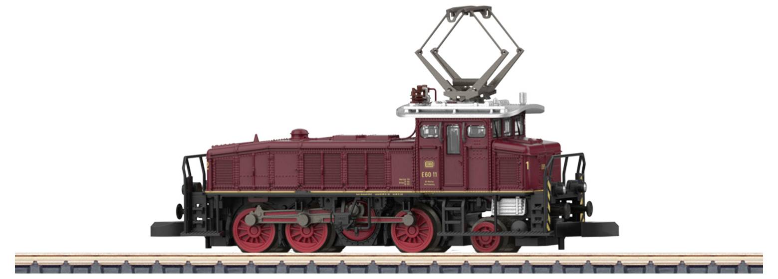 A model of a red electric locomotive on a track, with detailed wheels and a pantograph.