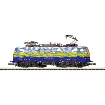 A colourful locomotive with the inscription 'Hire or Buy' on its side. Pantographs on top, railway tracks below.