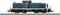 A blue and beige model of a diesel locomotive is standing on a track. The locomotive is intricately designed and appears highly realistic.