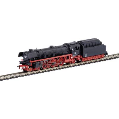 Black steam locomotive with red wheels on railway tracks. It has a large boiler and is realistically detailed.