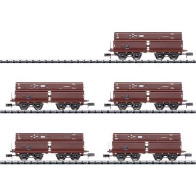 Six brown goods wagons in two rows side by side on a track. They are the same size and have red markings.