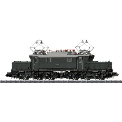 An electric locomotive with two pantographs on a railway track. The locomotive is dark green and has six axles.