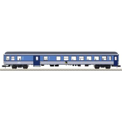 A blue railway carriage with a bicycle symbol, shown from the side on railway tracks.