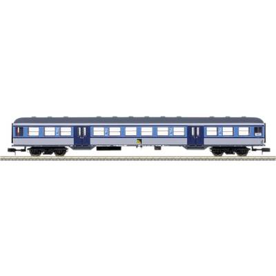 A blue and grey railway carriage with multiple windows is standing on a track. The carriage is designed for passenger transport.