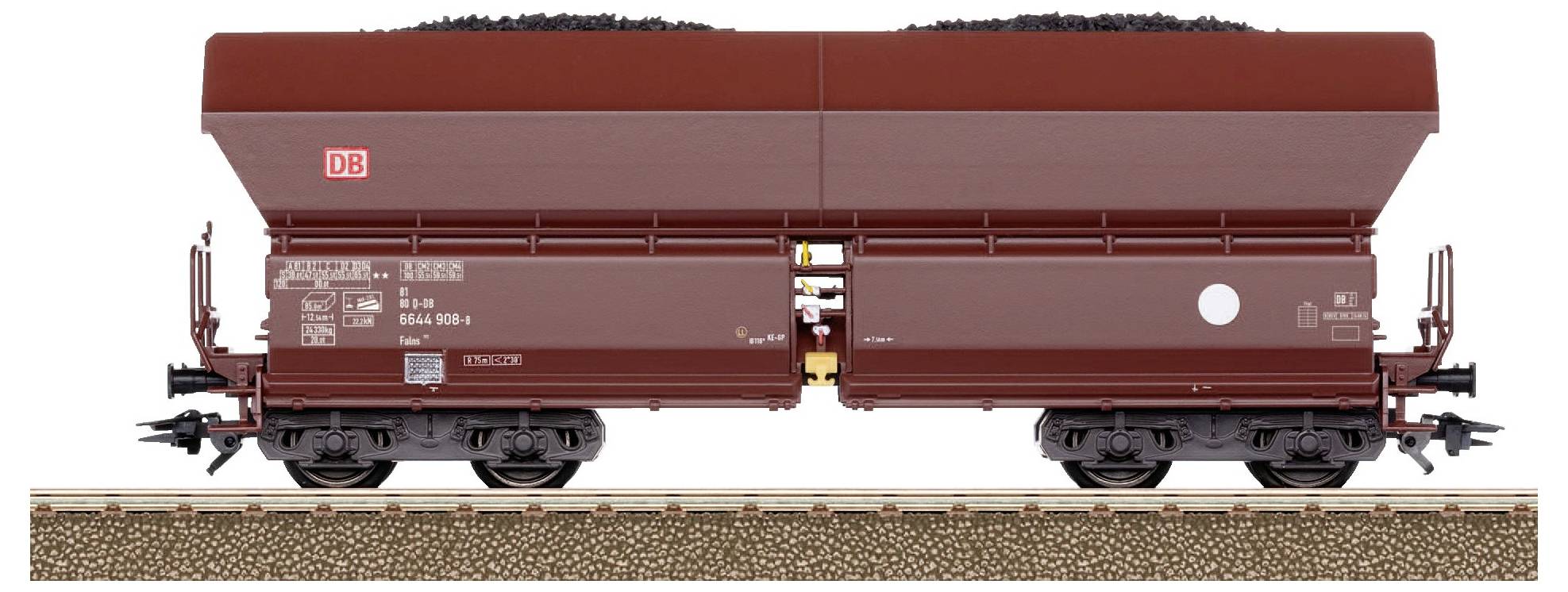 A brown freight wagon of Deutsche Bahn on railway tracks, loaded with coal.