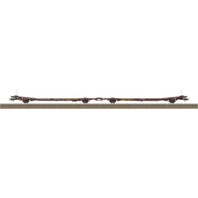 Flat railway wagon on tracks, suitable for transporting bulky goods. Brown coloured with yellow markings.
