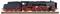 A black steam locomotive with red wheels and details stands on a railway track. It is intricately detailed and displays a classic design.