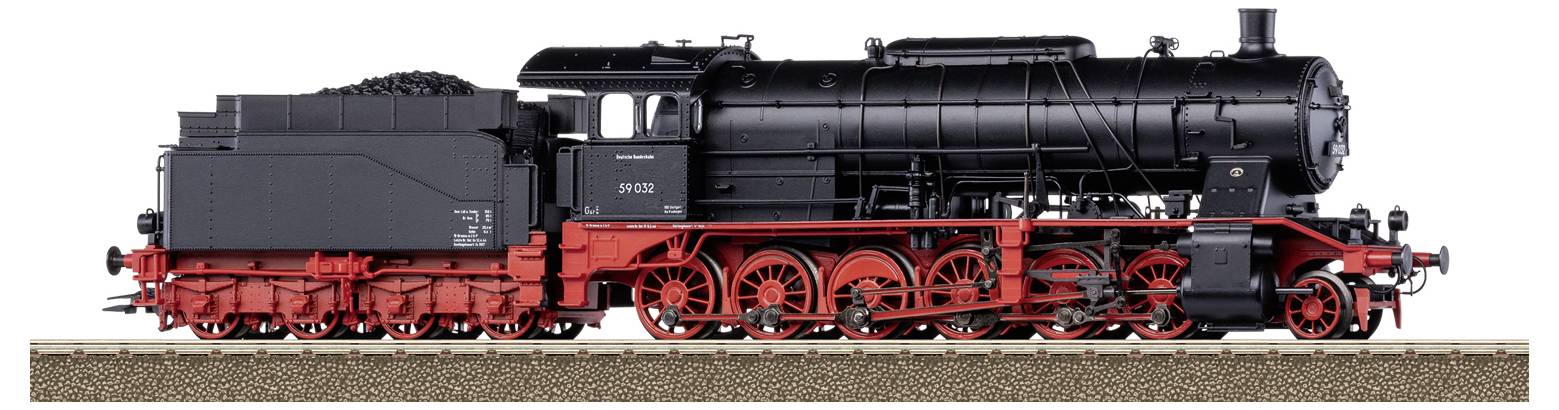 Black steam locomotive with red wheels and chassis on railway tracks. Side view, focusing on detailing and form.