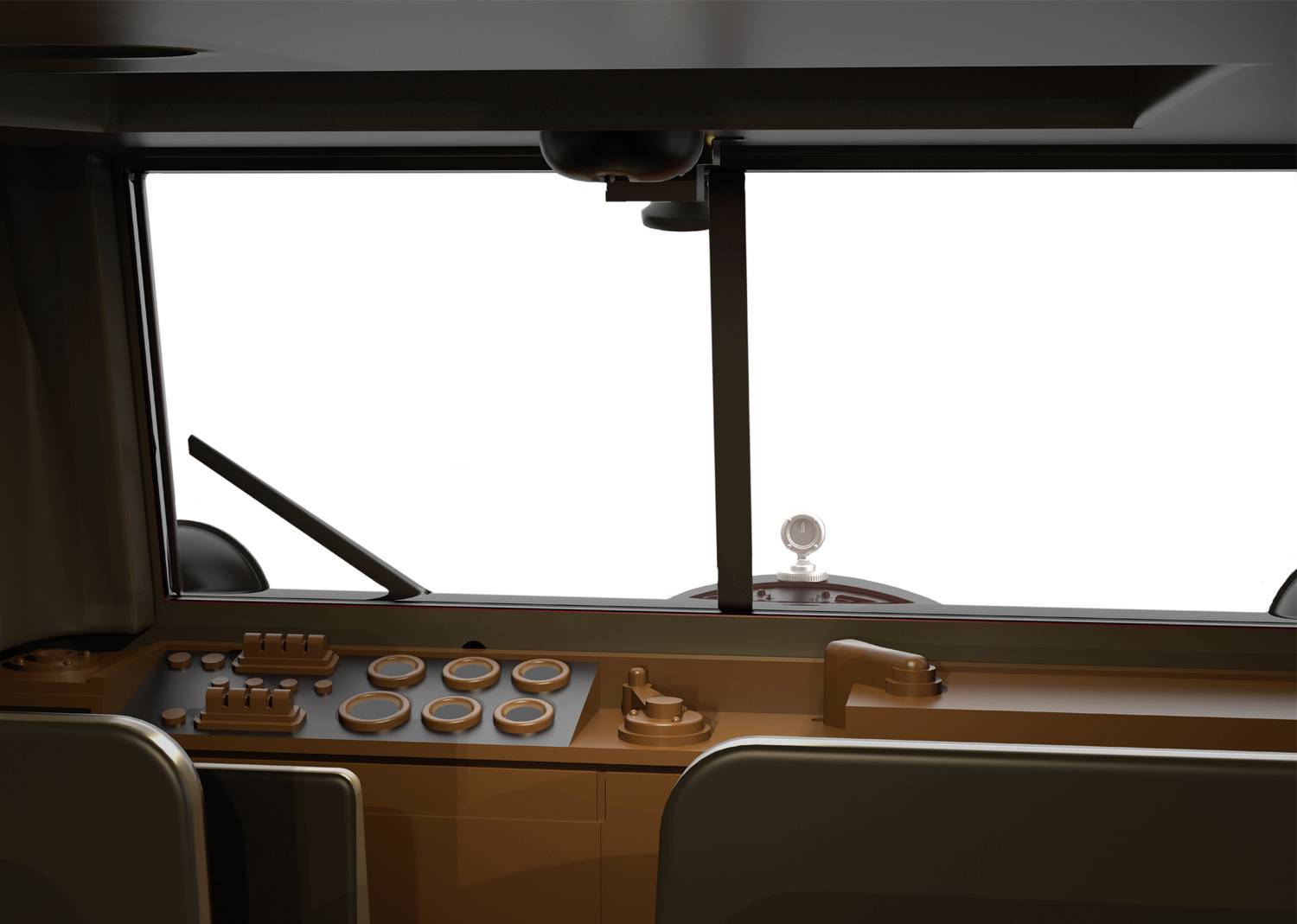 Interior view of a driver's cabin with multiple controls and instruments on the dashboard; window shows a white landscape.