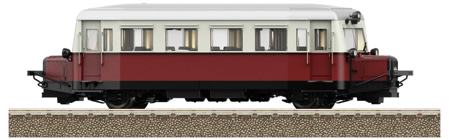 Red-and-beige historical rail bus standing sideways on tracks, with no visible surroundings or background.