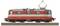 Electric locomotive in red and grey on railway track, side view. Overhead pantograph on top, markings 'SBB CFF FFS'.