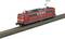 A red train is travelling on a railway track. It is a Deutsche Bahn model with characteristic pantograph equipment.