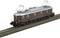 Brown electric model locomotive on rails with two pantographs; detailed replica for collector's train.