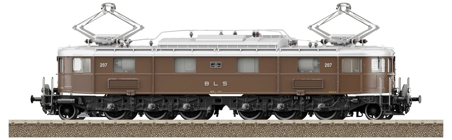 Brown electric locomotive on track, side view, two pantographs raised, 'BLS' label on the side.
