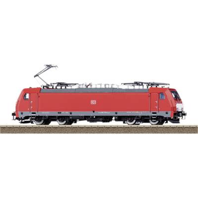 Red electric locomotive of Deutsche Bahn on a railway track.