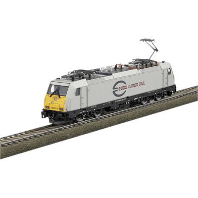 A goods train with the inscription 'Euro Cargo Rail' is travelling on railway tracks. The locomotive has a yellow front design with a grey bodywork.