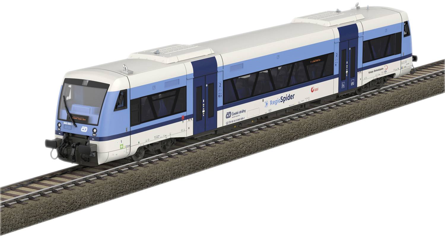 Train on the track, white and blue painted, marked with 'iLint' and 'Hydrogen'. Relevant to emission-free propulsion technology.