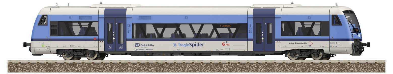 A modern blue train stands on the tracks. The doors are closed. The sky is reflected in the windows.