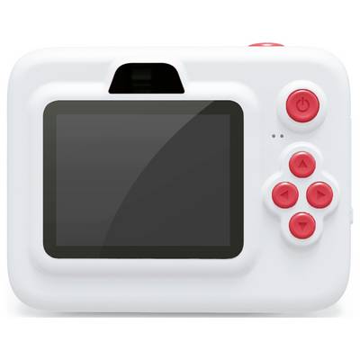 A white, retro-inspired camera with a red control pad and red buttons to the right of a digital screen.