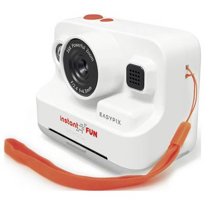A white instant camera with an orange carrying strap, lens with '16x Powerful Zoom', under the brand name 'Instant Fun'.