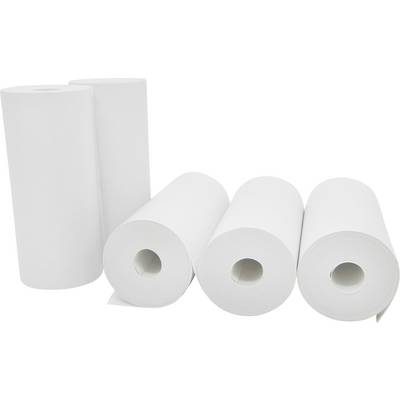 Four white paper rolls, two standing and two lying down, on a white surface.