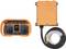 Portable radio remote control transmitter with two joysticks and multiple switches, alongside a wired receiver, both in orange.