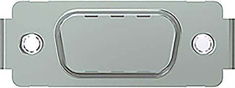 Metal clip with an oval indentation in the centre, side slots, and two symmetrical holes; possibly part of a fastening mechanism.